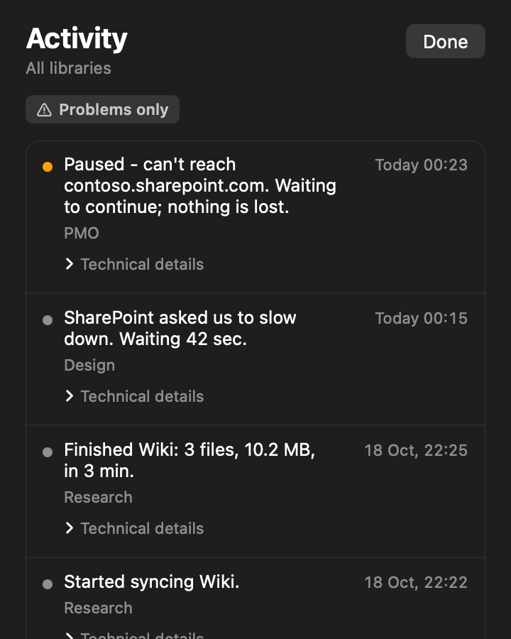 The Activity view listing sync events in plain sentences, one of them expanded to show technical details.